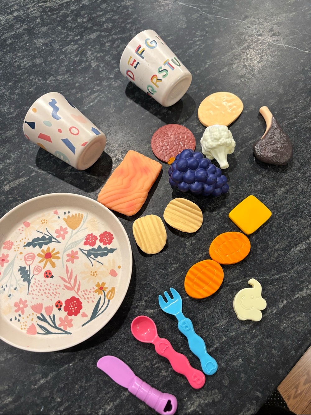 Kids Play Kitchen Set with Floral Plate and Colorful Utensils